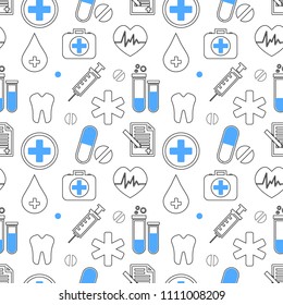 Medical icons vector seamless pattern. Health care sign collection. Medicine equipment silhouette illustration. Ambulance symbols