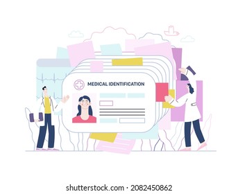 Medical id card, health card - medical insurance illustration. Modern flat vector concept digital illustration -plastic identification card as medical records file metaphor. Two doctors browsing files