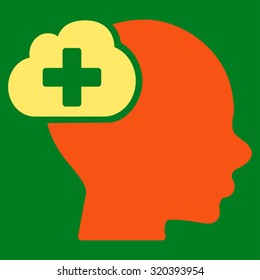 Medical Idea vector icon. Style is bicolor flat symbol, orange and yellow colors, rounded angles, green background.