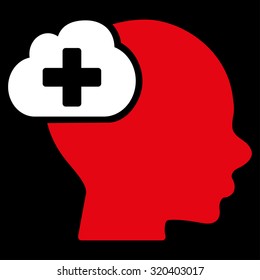 Medical Idea vector icon. Style is bicolor flat symbol, red and white colors, rounded angles, black background.