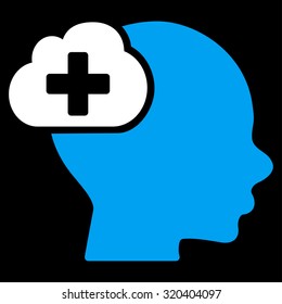 Medical Idea vector icon. Style is bicolor flat symbol, blue and white colors, rounded angles, black background.