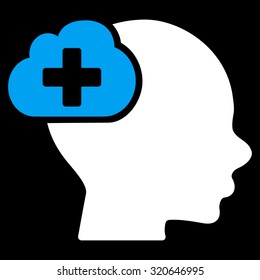 Medical Idea vector icon. Style is bicolor flat symbol, blue and white colors, rounded angles, black background.