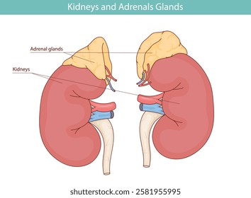 Medical illustration of adrenal glands and kidneys drawn by hand.