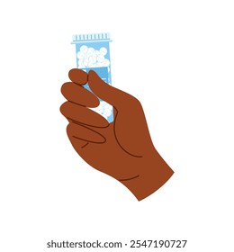 Ilustração médica de uma mão afro-americana segurando um frasco de pílula de prescrição. Conceito de tratamento e cuidados de saúde