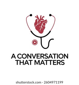 Medical illustration, anatomical heart, stethoscope, red and black design, minimalist logo, healthcare symbol, cardiology icon, text A Conversation That Matters, white background, clean lines