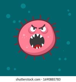Medical illustration of angry virus character in flat style. Microbiology. Design element for poster, infographic, banner, card, flyer, brochure. Vector illustration