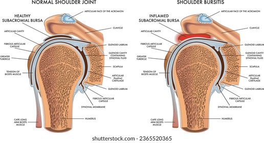 Medizinische Abbildung, die eine normale Schulter mit einer Schulterbursitis vergleicht, mit Anmerkungen.