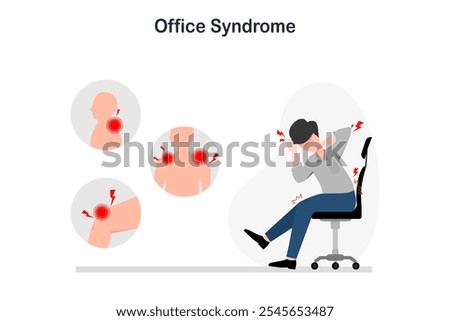 Medical illustration concept. Flat style vector illustration of young man with office syndrome symptoms.