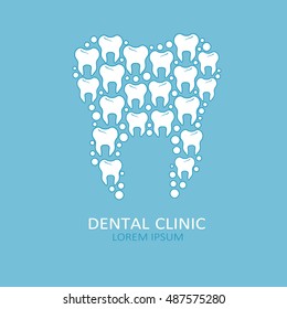 Medical illustration with dental symbol, poster design or backdrop. Set of white teeth, blue background vector. The emblem of dentistry, dental clinic. Silhouette of a tooth.  Flat thin line icon