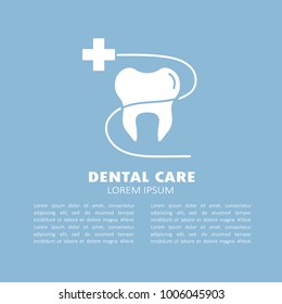 Medical illustration with dental symbol and text. Dental care, poster design. White and blue background vector. The emblem of dentistry, dental clinic. Silhouette of tooth and emergency cross
