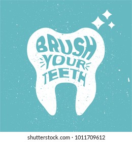 Medical illustration with dental symbol and text. Dental care, poster design. White and blue background vector. The emblem of dentistry, dental clinic. Silhouette of tooth. Brush your teeth