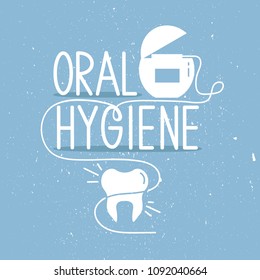 Medical illustration, dental symbol and text. Dental care, poster design. White and blue background vector. The emblem of dentistry, dental clinic. Silhouette of tooth and dental floss. Oral hygiene