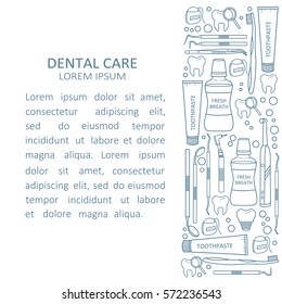 Medical illustration with dental symbols, poster design or backdrop. Set of teeth, dental instruments and text, background vector. The emblem of dentistry, dental clinic. Silhouette of a tooth