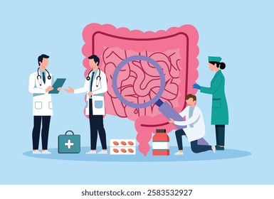 Medical illustration of doctors examining the human intestine, researching digestive health, gut microbiome, and gastrointestinal diseases. Concept of healthcare, diagnosis, treatment, medicine.