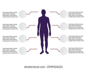 Medical Illustration of Human Figure with Buttons as Important Body Parts. Health care and medicine futuristic concept vector art