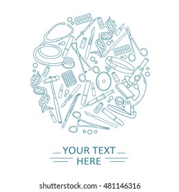 Medical illustration with medical instruments, poster design or backdrop. Set of medical tools, background vector. Health care logotype. Flat thin line icon, modern style 