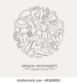 Medical illustration with medical instruments, poster design or backdrop. Set of medical tools, background vector. Health care logotype. Flat thin line icon, modern style 