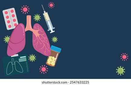 Ilustración médica de pulmones con píldoras, jeringuillas e iconos de virus sobre un fondo oscuro, destacando la salud respiratoria y los tratamientos.