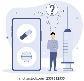 Medical illustration.The patient is thinking about taking pills or injections.Concept of taking pills.Vector illustration.