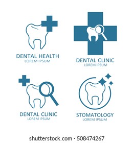 Medical illustration with set of dental symbols, poster design or backdrop. White teeth and blue cross ambulance vector. The emblem of dentistry, dental clinic. Good for a printing and web materials