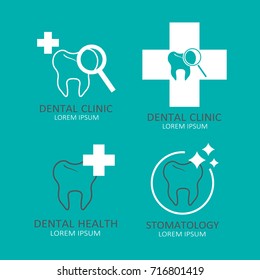 Medical illustration with set of dental symbols, poster design or backdrop. Teeth and cross ambulance vector. The emblem of dentistry, dental clinic. Good for a printing and web materials