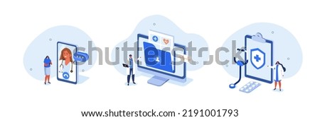 Medical illustration set. Doctor in hospital presenting patients EMRs, health insurance and other online medical services. Electronic health record concept. Vector illustration.