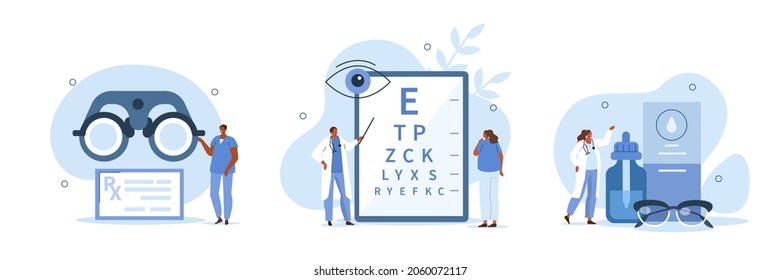 Medical illustration set. Doctor ophthalmologist showing eye test chart to patient, examining his vision and choosing eyeglasses with correction lens. Ophthalmology concept. Vector illustration.