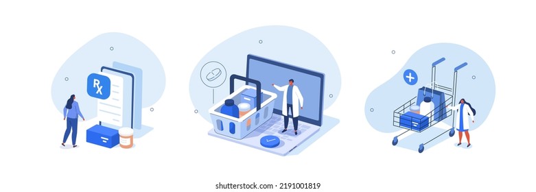 Medical Illustration Set. Doctor Standing Near Shopping Basket And Cart Full Of Medicaments. Patient Receiving Online Prescription. Pharmacy Store And Online Medicine Concept. Vector Illustration.