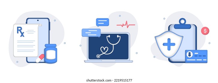 Medical illustration set. Online prescription, online medical services, health insurance and patients id card. Medicine and healthcare concept. online pharmacy, drugstore, diagnosis. 3d vector.