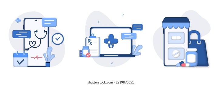 Medical illustration set. Online medical services, online prescription, buying medicaments online on smartphone. Medicine and healthcare concept. online pharmacy, drugstore, diagnosis. 3d vector.