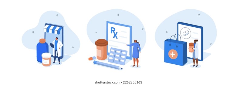 
Ilustración médica. Pacientes y médicos en farmacia en línea comprando píldoras, botellas y otros medicamentos y suministros médicos. Farmacia y concepto de medicina en línea. Ilustración vectorial.