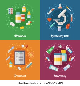 Medical illustration set with pharmaceutical elements. Pills and drugs. Doctor or clinical laboratory. Healthcare vector pictures