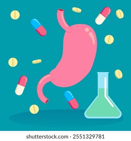 Ilustração médica mostrando um estômago, comprimidos e um frasco de laboratório, simbolizando a saúde digestiva, medicamentos e tratamentos farmacêuticos.