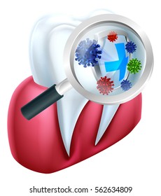 A medical illustration of a tooth protected from bacteria by a shield magnified by a magnifying glass