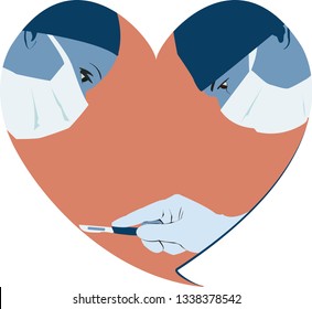 Medical illustration, two surgeons in a heart shape during operation. Surgery illustration for advertising. Surgery flat design illustration isolated on white background.