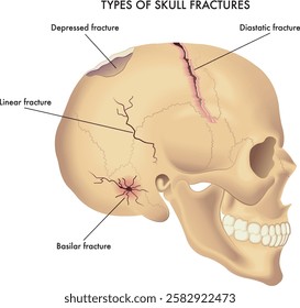 Medical illustration of types of skull fractures, with annotations.