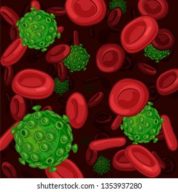 A Medical Illustration. Vector. A microscopic view of a AIDS/HIV virus among red human blood cells. 
