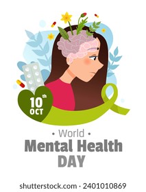 Medical illustration World mental health day vector poster.