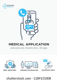 Medical illustrations icons, private clinic, quality medicine. isolated on a white background. Good for hospital apps and web sites. lined icon icons. Advertising booklet site infographic Vector