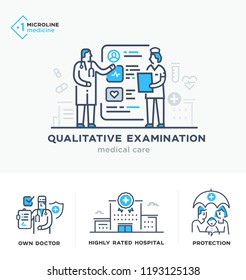 Medical illustrations icons, private clinic, quality medicine. isolated on a white background. Good for hospital apps and web sites. lined icon icons. Advertising booklet site infographic Vector