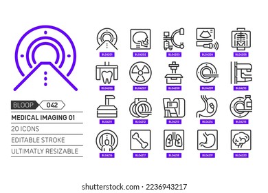 Medical imaging related, pixel perfect, editable stroke, up scalable, line, vector bloop icon set. 