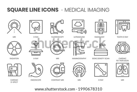 Medical imaging related, pixel perfect, editable stroke, up scalable square line vector icon set. 