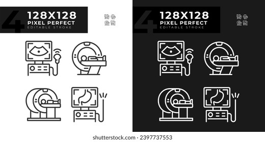 Tecnologías de imagen médica píxel iconos lineales perfectos para el modo oscuro y claro. Equipo hospitalario. Diagnóstico clínico. Símbolos delgados para la noche, tema del día. Ilustraciones aisladas. Trazo editable