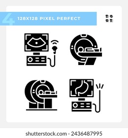 Medical imaging technology pixel perfect black glyph icons set on white space. Hospital equipment. Clinical diagnostic. Silhouette symbols. Solid pictogram pack. Vector isolated illustration