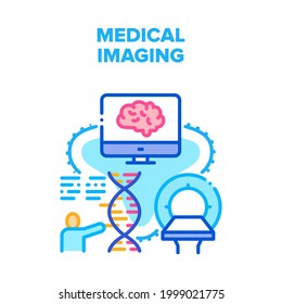 Concepto de icono del vector de imagen médica. Escáner Mri De Imágenes Médicas Para Verificar La Salud Del Paciente Y Examinar El Cerebro En La Pantalla Informática. Investigación Del Adn Humano Con Ilustración De Color De Equipo Digital