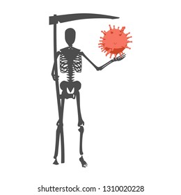 Medical industry, biotechnology and biochemistry. Scientific medical designs. Virus diseases relative theme. Human skeleton standing with virus model. Grim reaper