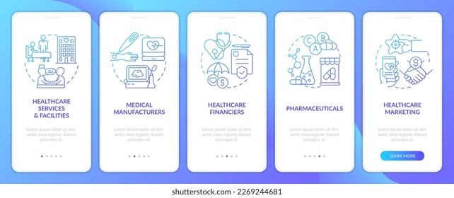 Medical industry key segments blue gradient onboarding mobile app screen. Walkthrough 5 steps graphic instructions with linear concepts. UI, UX, GUI template. Myriad Pro-Bold, Regular fonts used