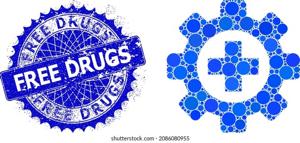 Medical industry vector mosaic of round dots in different sizes and blue color tints, and scratched Free Drugs badge. Blue round sharp rosette seal has Free Drugs caption inside it.