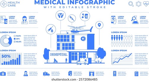 Medical infographic banner design. Hospital building one color print. Charts, icons and data isolated on white background. Blue outline graphic. Health care line art illustration. Editable stroke.