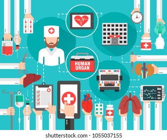 Medical Infographic Concept Flat With Car Human Organ ,hospital And Doctor ,online Call.Vector Illustration